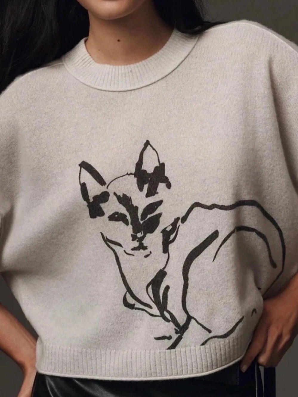 NWT Anthropologie Goldie Cashmere Sweater Cat Print Boxy Crew Neck Sweater XL